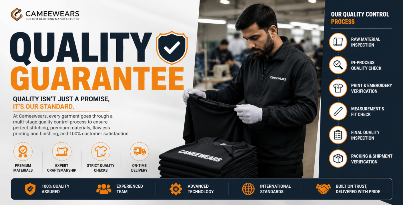 Quality Guarantee at Cameewears – Professional clothing manufacturing with strict quality control, premium fabrics, garment inspection, and international production standards.